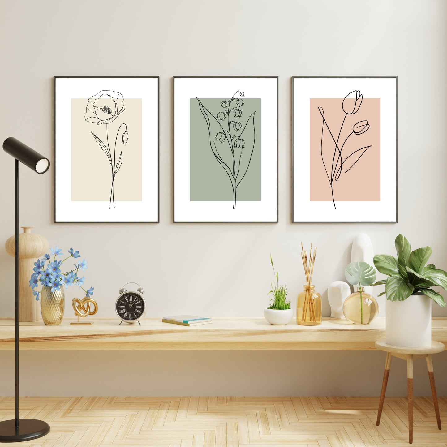 Set of 3 Minimalist Line Art Flower Prints