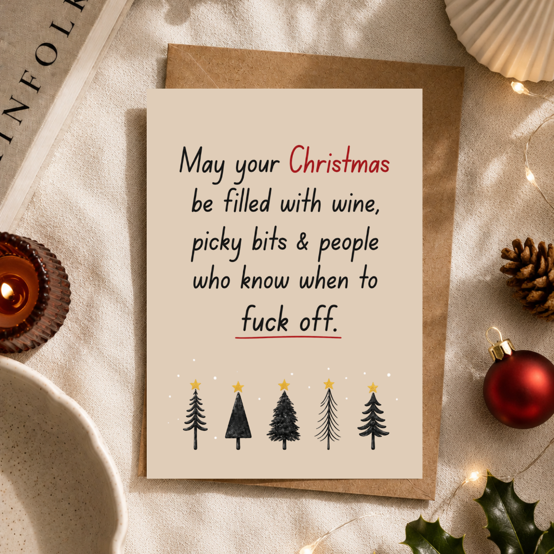 Funny Christmas Card, Wine, Picky Bits & People Who Know When to F*ck Off, A5 Greeting Card