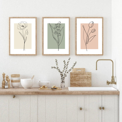 Set of 3 Minimalist Line Art Flower Prints