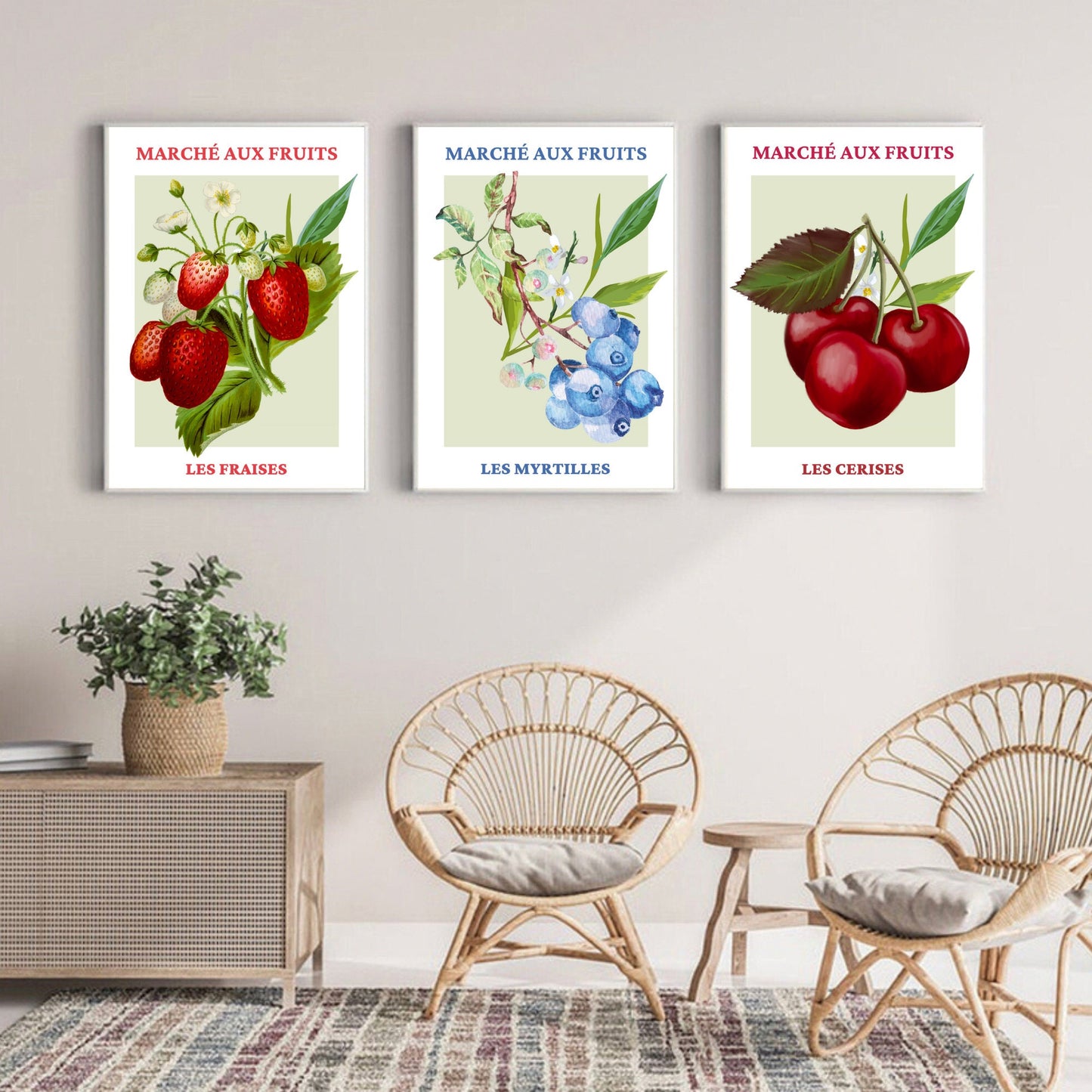 Set of 3 French Fruit Market Prints