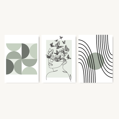 Set of 3 Sage Green Abstract & Line Art Prints