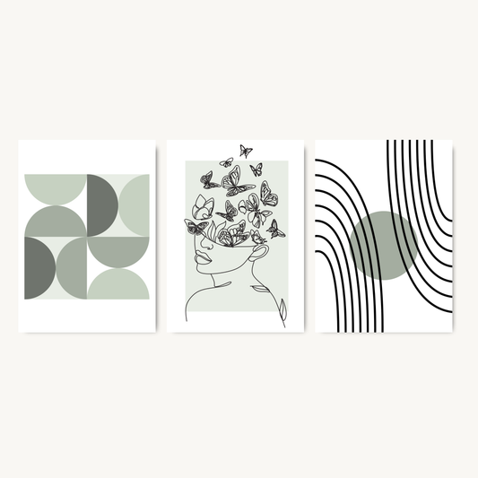 Set of 3 Sage Green Abstract & Line Art Prints