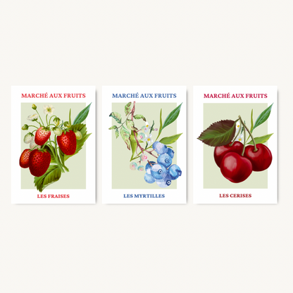 Set of 3 French Fruit Market Prints