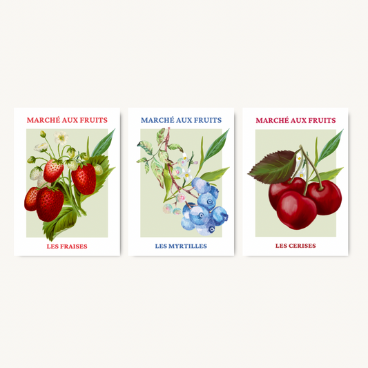 Set of 3 French Fruit Market Prints