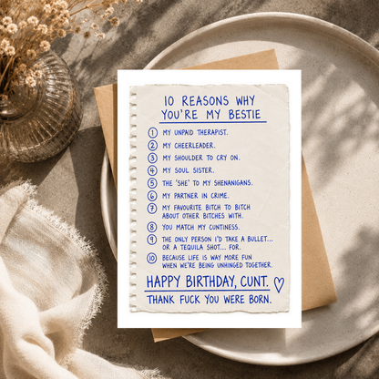 Funny Best Friend Birthday Card, 10 Reasons You're My Bestie, A5 Greeting Card