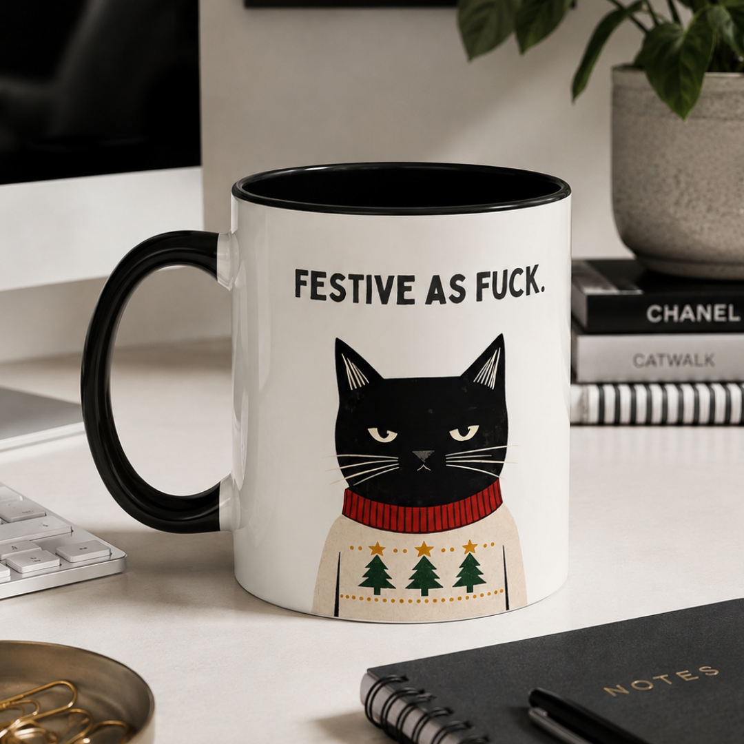 Funny Christmas Cat Mug, Festive As F*ck, 11oz Ceramic Mug