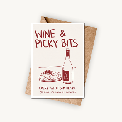 Funny Christmas Card, Wine & Picky Bits, A5 Greeting Card