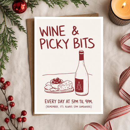 Funny Christmas Card, Wine & Picky Bits, A5 Greeting Card