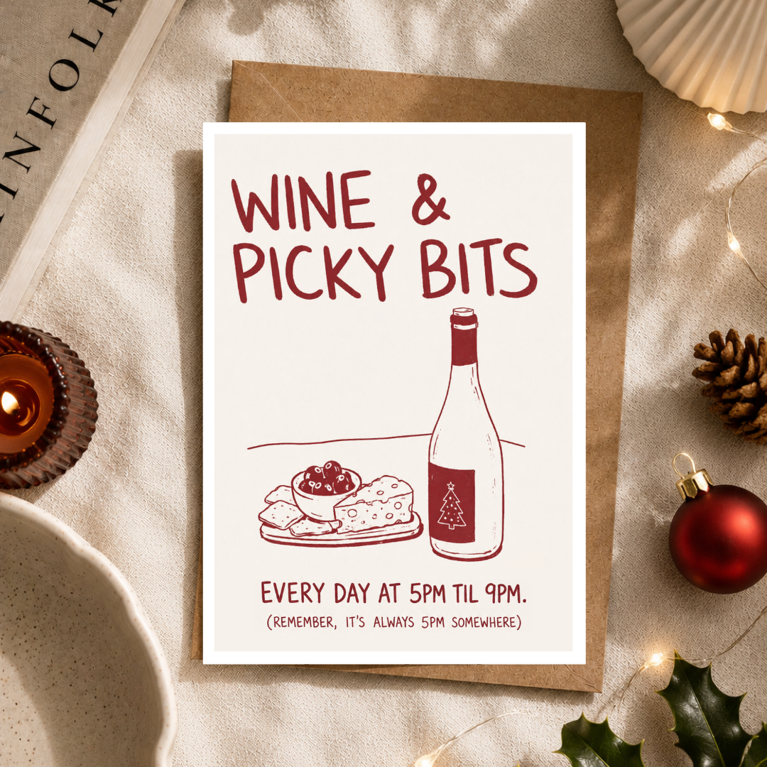 Funny Christmas Card, Wine & Picky Bits, A5 Greeting Card