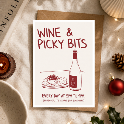 Funny Christmas Card, Wine & Picky Bits, A5 Greeting Card