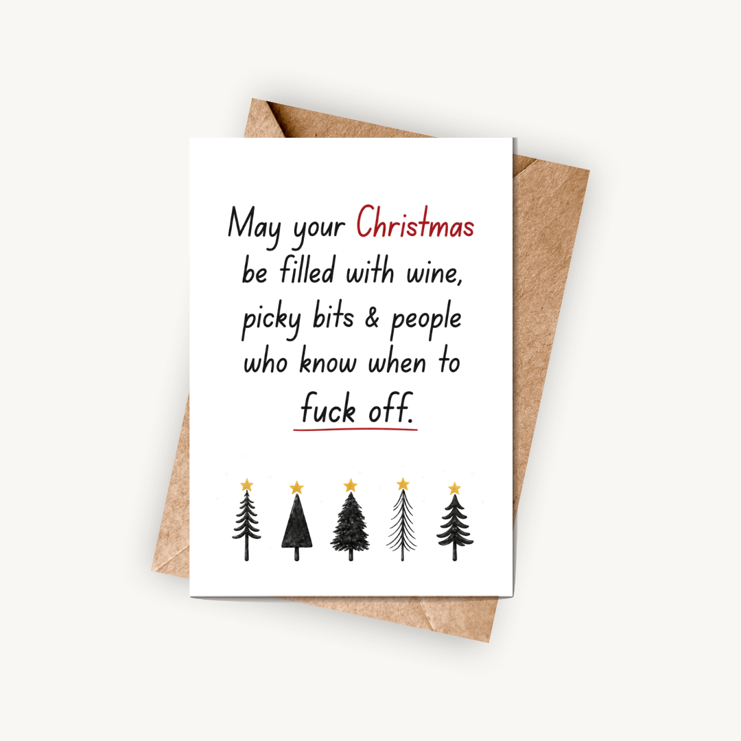 Funny Christmas Card, Wine, Picky Bits & People Who Know When to F*ck Off, A5 Greeting Card