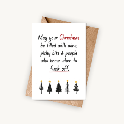 Funny Christmas Card, Wine, Picky Bits & People Who Know When to F*ck Off, A5 Greeting Card