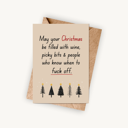 Funny Christmas Card, Wine, Picky Bits & People Who Know When to F*ck Off, A5 Greeting Card