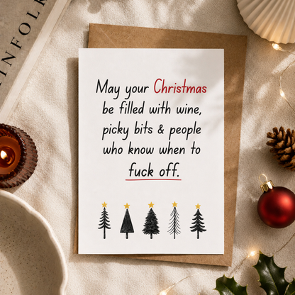 Funny Christmas Card, Wine, Picky Bits & People Who Know When to F*ck Off, A5 Greeting Card