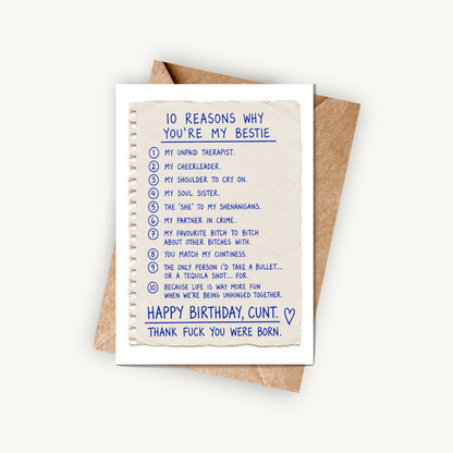 Funny Best Friend Birthday Card, 10 Reasons You're My Bestie, A5 Greeting Card