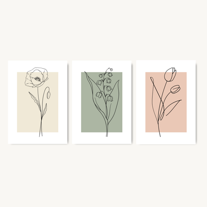 Set of 3 Minimalist Line Art Flower Prints