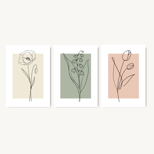 Set of 3 Minimalist Line Art Flower Prints